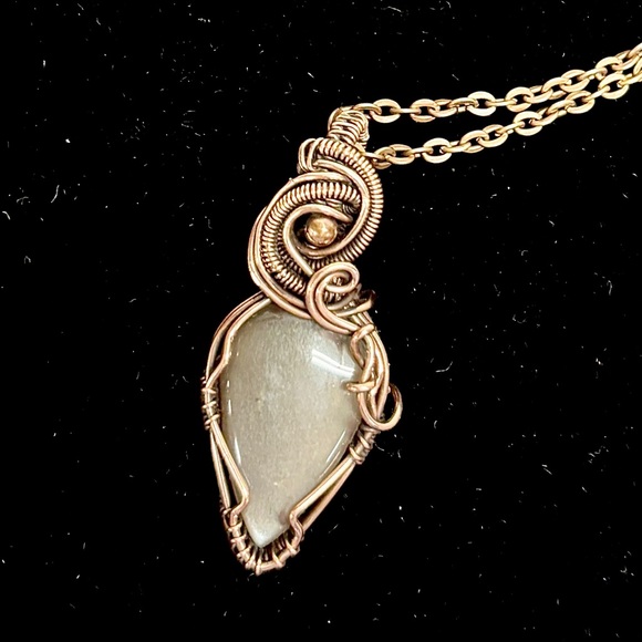 HAND CRAFTED Gray Moonstone Copper Wire Wrapped Pendant Necklace, Handmade - Picture 4 of 10